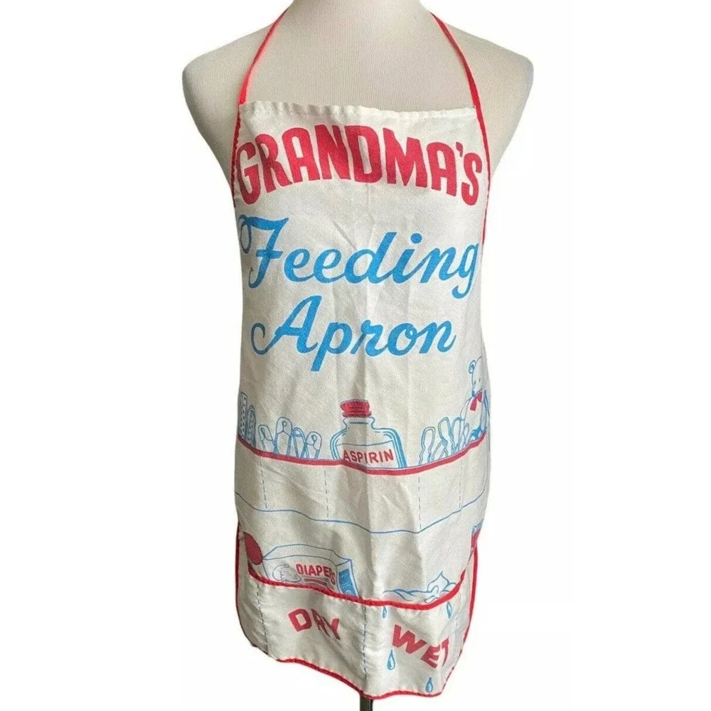 Vintage Grandmas Feeding Apron Novelty Baby Shower Gag Gift White Red Blue